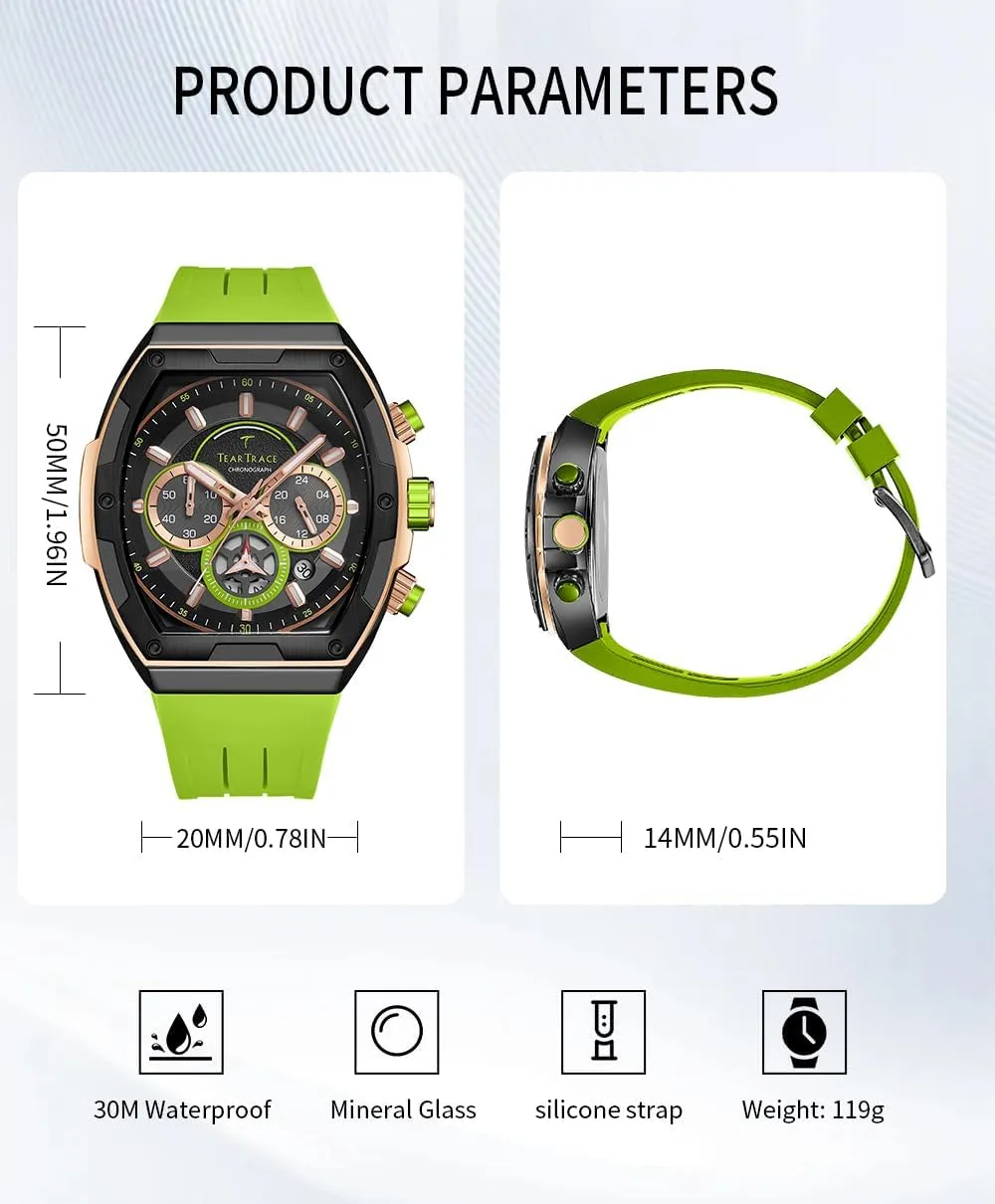 Men's Watches with Silicone Strap Analog Quartz Waterproof Chronograph Luminous Tonneau Watches for Men, Big Face Sport Work Dress Unique Wrist Watch
