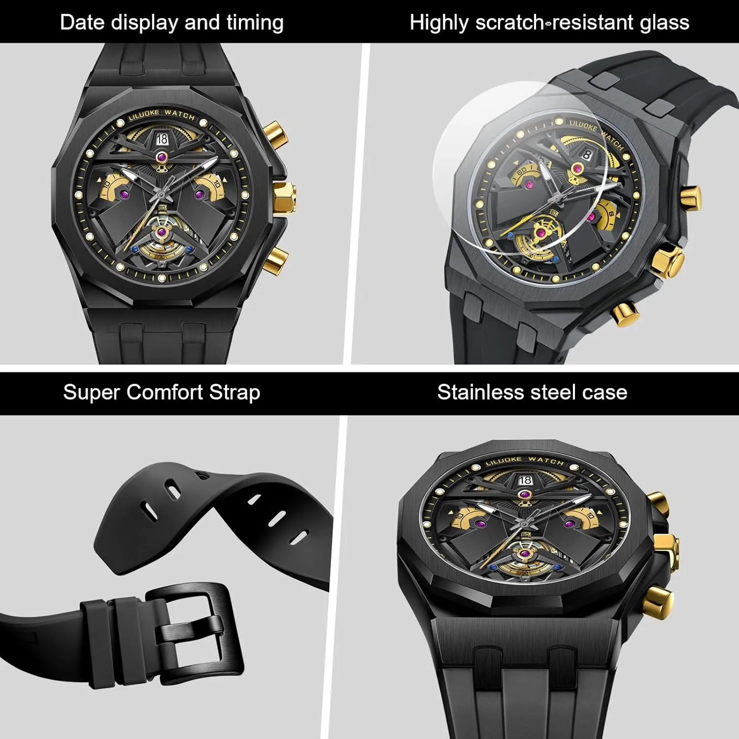Mens Watches, Wrist Watches Luminous Design, Big Face Fashion Quartz Black Watch 30ATM, Casual Watch for Men Unique Gifts for Men