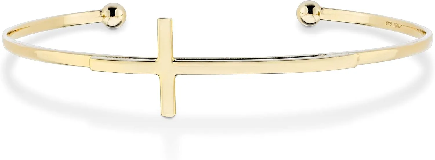 Miabella 925 Sterling Silver or 18K Gold Plated Italian Adjustable Sideways Cross Cuff Bangle Bracelet for Women 7.25-7.5 Inch, Made in Italy