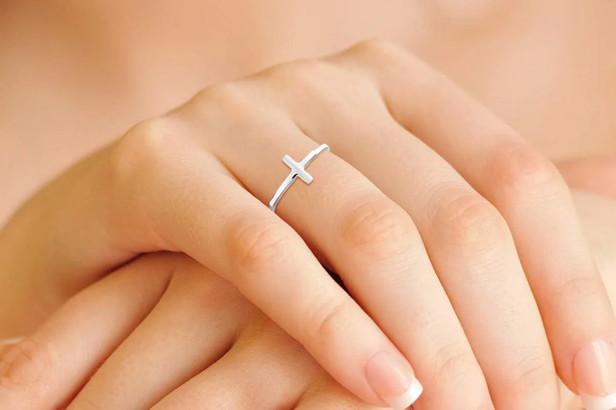 Miabella 925 Sterling Silver or 18K Gold Plated Sideways Cross Ring for Women Made in Italy