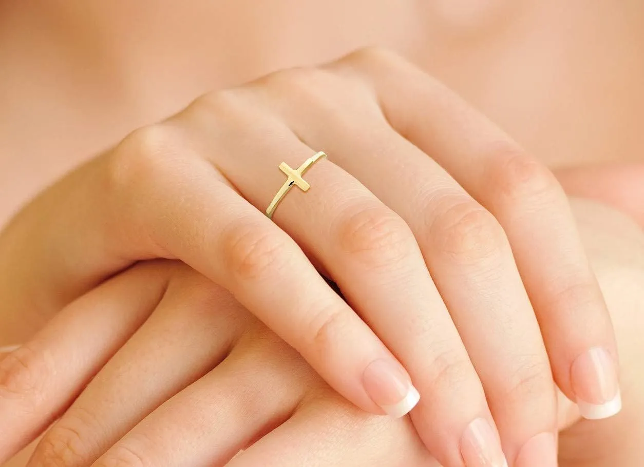 Miabella 925 Sterling Silver or 18K Gold Plated Sideways Cross Ring for Women Made in Italy