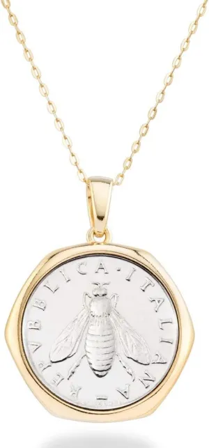 Miabella Italian 18K Gold over 925 Sterling Silver Genuine 2-Lira Bee Coin Medallion Pendant Necklace for Women 18 Inch Chain, Made in Italy