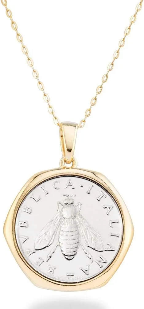 Miabella Italian 18K Gold over 925 Sterling Silver Genuine 2-Lira Bee Coin Medallion Pendant Necklace for Women 18 Inch Chain, Made in Italy
