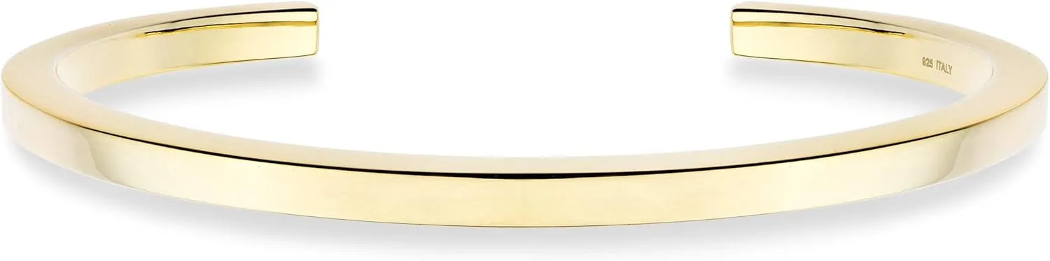 Miabella Italian 925 Sterling Silver or 18K Gold Plated 4mm Squared Cuff Polished Bangle Bracelet for Women Men, Made in Italy