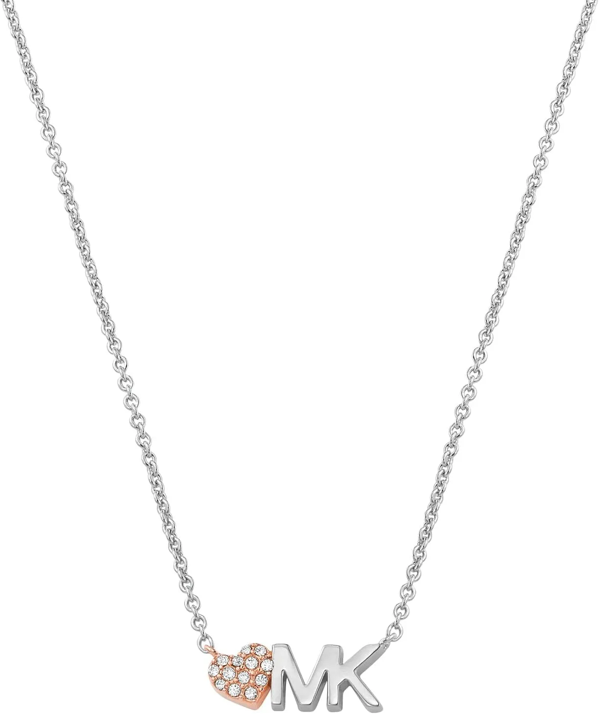 Michael Kors Brass and Pav Crystal MK Logo Pendant Necklace for Women, Color: Silver (Model: MKJ7977931)