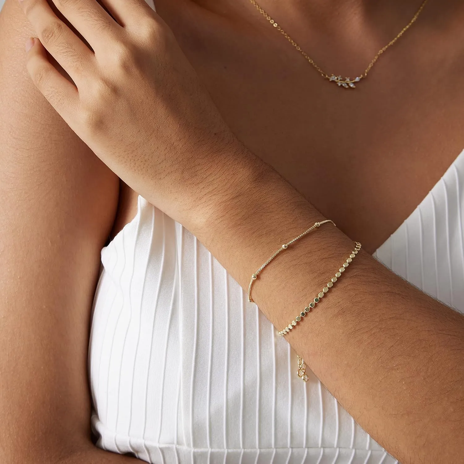 MIDEEO Bracelets for Women Dainty Layered Herringbone Twisted Rope Chain Bracelets Set Layering Dot CZ Leave Beaded Bracelets Dainty Cubic Zirconia Tennis Chain Bracelet Jewelry Gifts