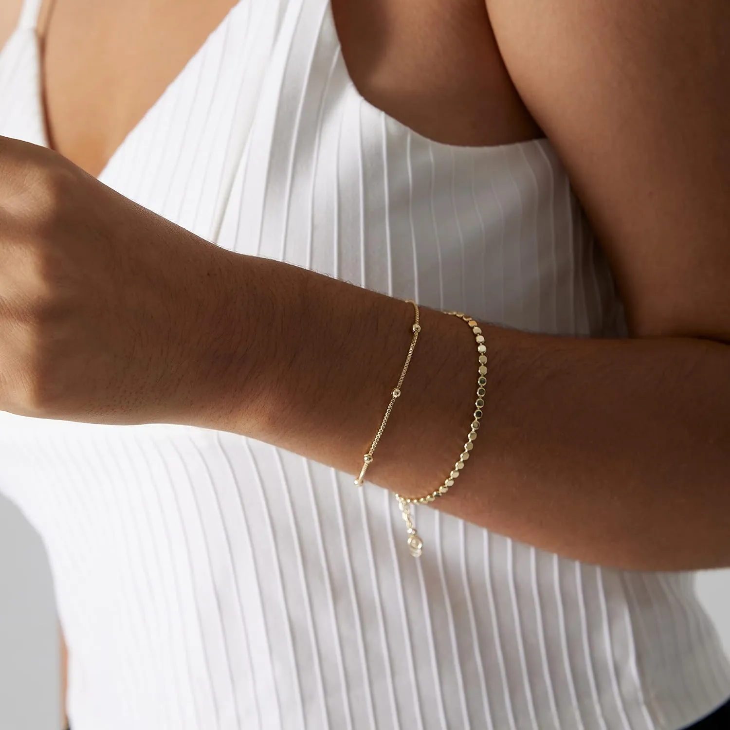 MIDEEO Bracelets for Women Dainty Layered Herringbone Twisted Rope Chain Bracelets Set Layering Dot CZ Leave Beaded Bracelets Dainty Cubic Zirconia Tennis Chain Bracelet Jewelry Gifts