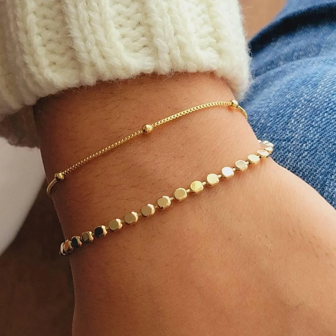 MIDEEO Bracelets for Women Dainty Layered Herringbone Twisted Rope Chain Bracelets Set Layering Dot CZ Leave Beaded Bracelets Dainty Cubic Zirconia Tennis Chain Bracelet Jewelry Gifts