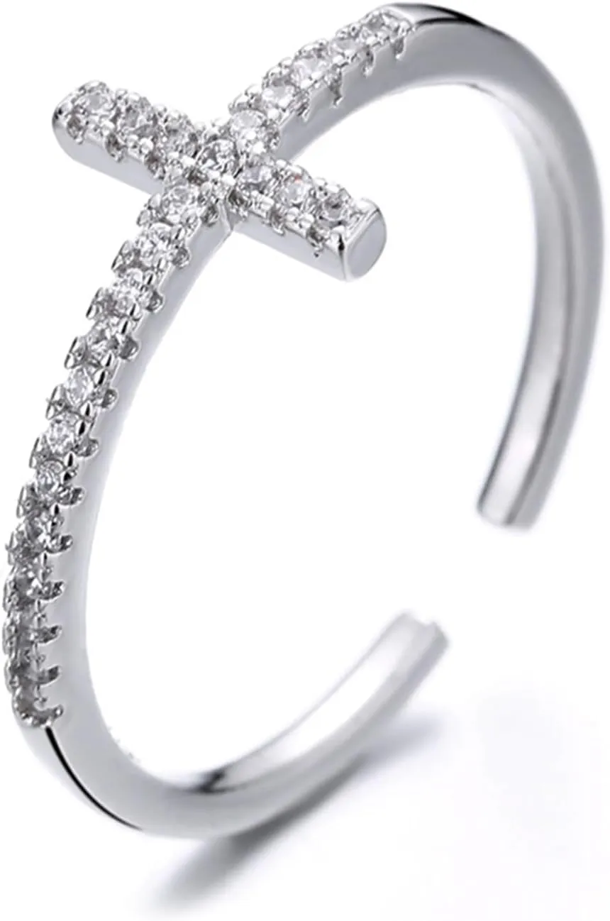 MIFYNN Cross Rings for Women Dainty Cz Cross Finger Rings Gold Silver Wedding Bands Ring Adjustable Simple Statement Ring Jewelry Gift