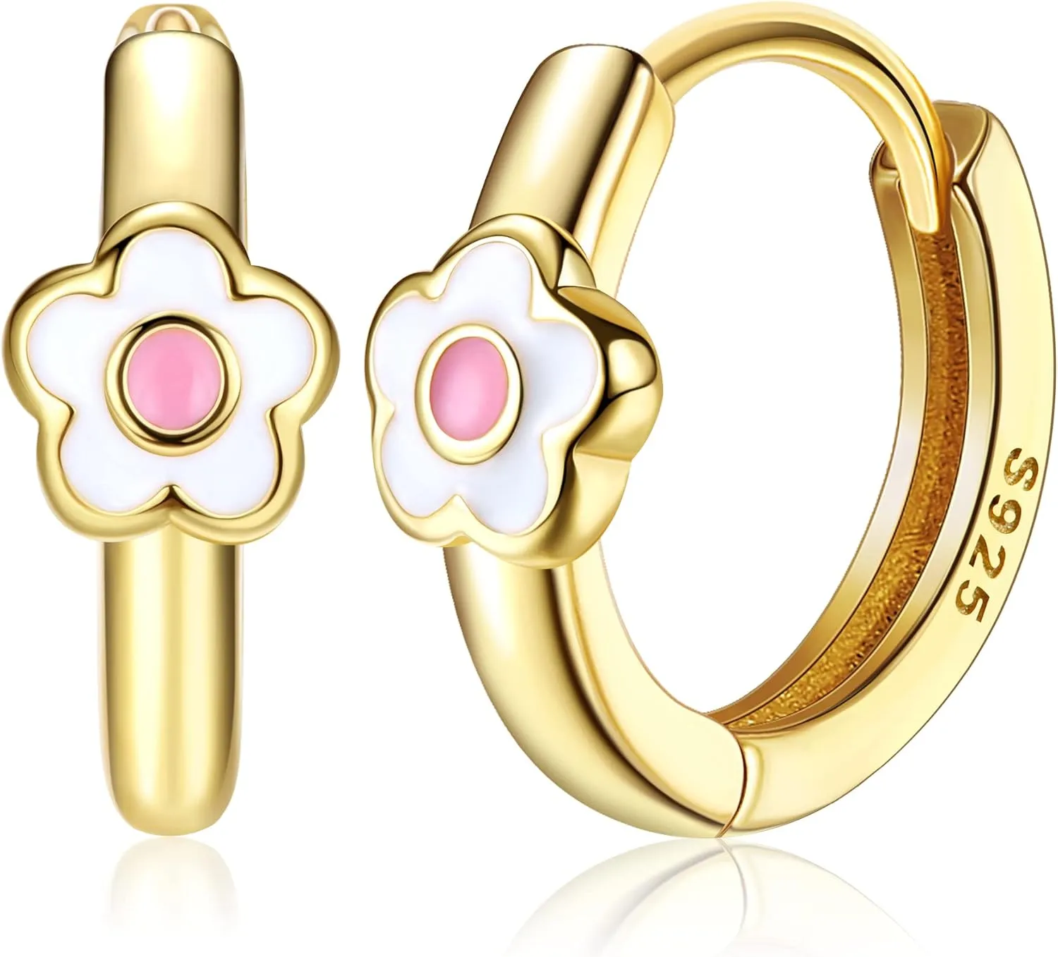 MILACOLATO 925 Sterling Silver Small Hoop Earrings Toddler 18K Gold Plated Daisy Earrings Pink Yellow FLower Huggie Hoop Earrings for Women Hypoallergenic Earrings for Sensitive Ears