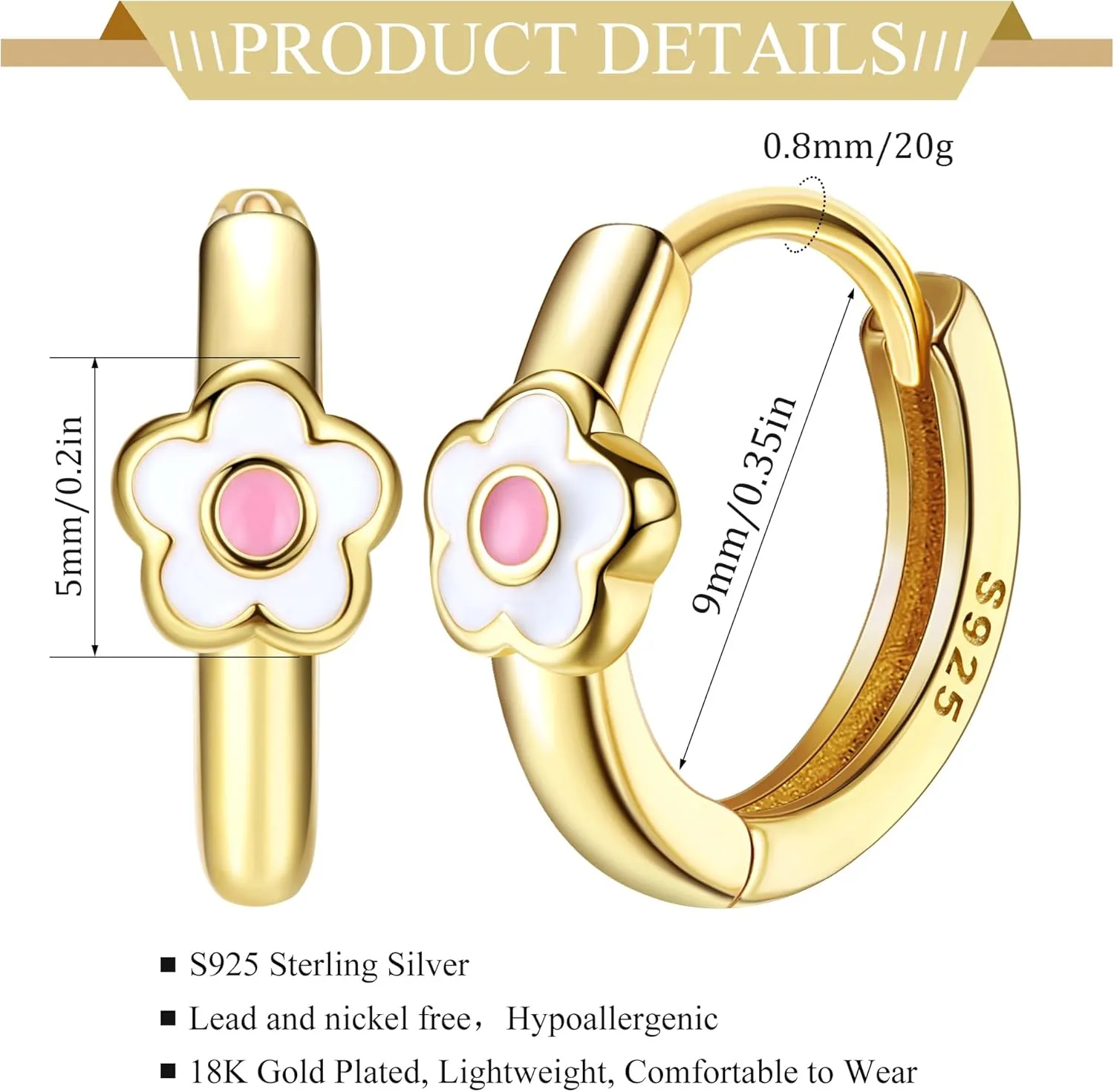 MILACOLATO 925 Sterling Silver Small Hoop Earrings Toddler 18K Gold Plated Daisy Earrings Pink Yellow FLower Huggie Hoop Earrings for Women Hypoallergenic Earrings for Sensitive Ears