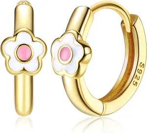 MILACOLATO 925 Sterling Silver Small Hoop Earrings Toddler 18K Gold Plated Daisy Earrings Pink Yellow FLower Huggie Hoop Earrings for Women Hypoallergenic Earrings for Sensitive Ears