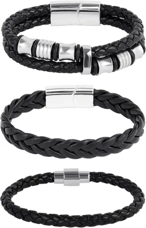 MILAKOO 3Pcs Braided Leather Bracelets for Men Black Cuff Wristband Alloy Clasp Stackable Bracelets