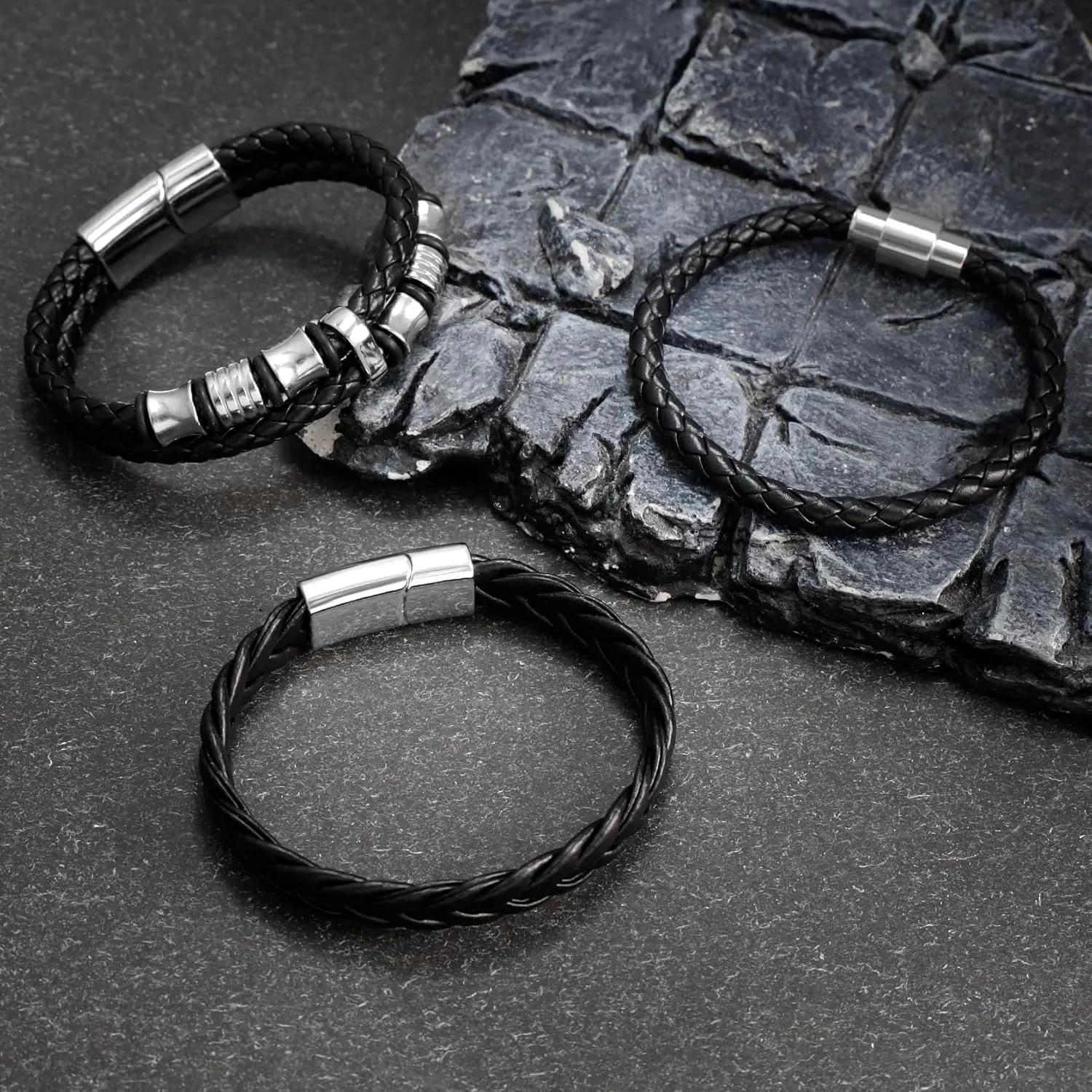 MILAKOO 3Pcs Braided Leather Bracelets for Men Black Cuff Wristband Alloy Clasp Stackable Bracelets