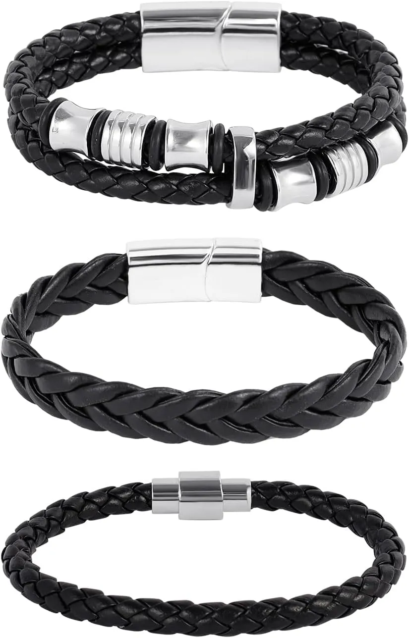 MILAKOO 3Pcs Braided Leather Bracelets for Men Black Cuff Wristband Alloy Clasp Stackable Bracelets