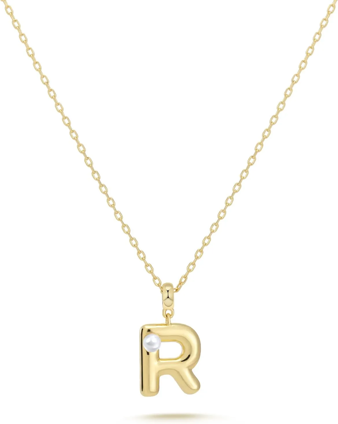 Milan Chiva Bubble Initial Letter Pendant Necklaces for Women 14K Gold Plated Puffy Tiny Letter A-Z Dainty Necklace with Cute Simulated Pearl