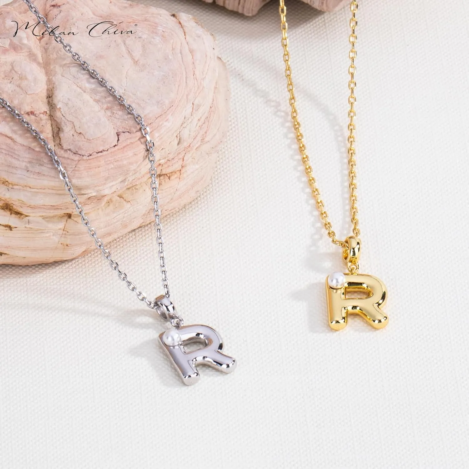 Milan Chiva Bubble Initial Letter Pendant Necklaces for Women 14K Gold Plated Puffy Tiny Letter A-Z Dainty Necklace with Cute Simulated Pearl