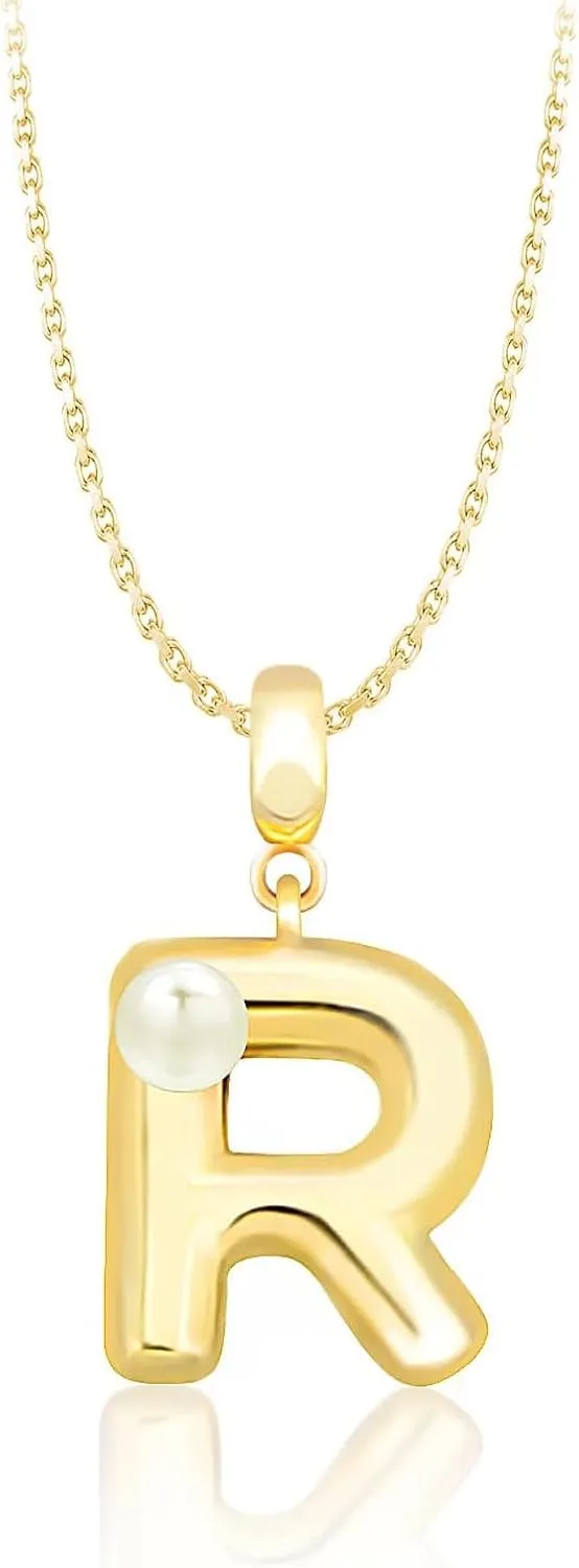 Milan Chiva Bubble Initial Letter Pendant Necklaces for Women 14K Gold Plated Puffy Tiny Letter A-Z Dainty Necklace with Cute Simulated Pearl