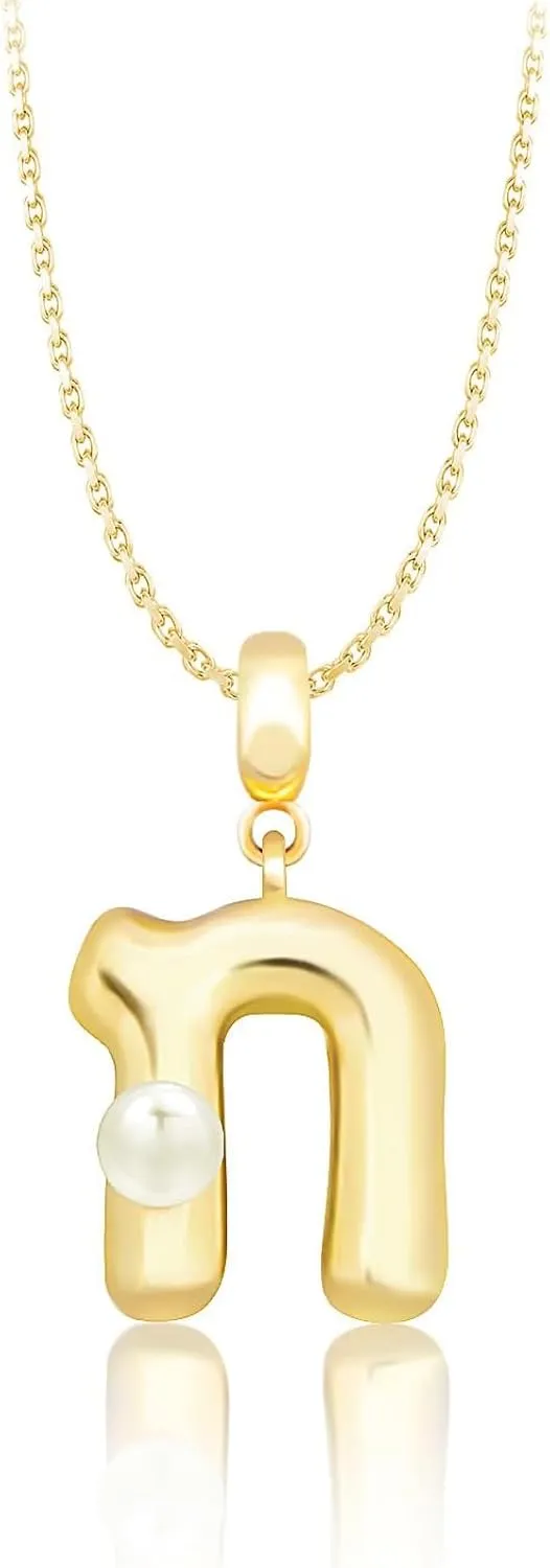 Milan Chiva Bubble Initial Letter Pendant Necklaces for Women 14K Gold Plated Puffy Tiny Letter A-Z Dainty Necklace with Cute Simulated Pearl