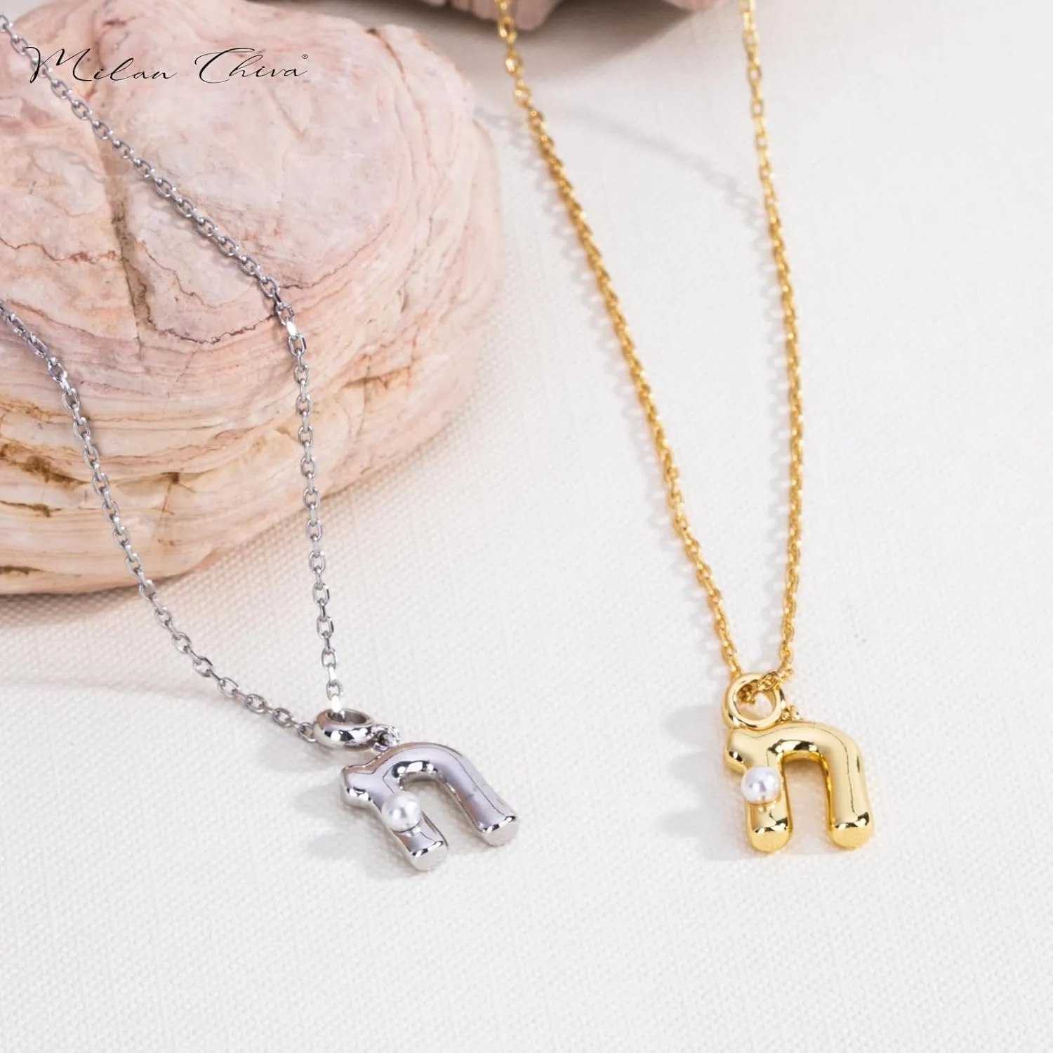 Milan Chiva Bubble Initial Letter Pendant Necklaces for Women 14K Gold Plated Puffy Tiny Letter A-Z Dainty Necklace with Cute Simulated Pearl