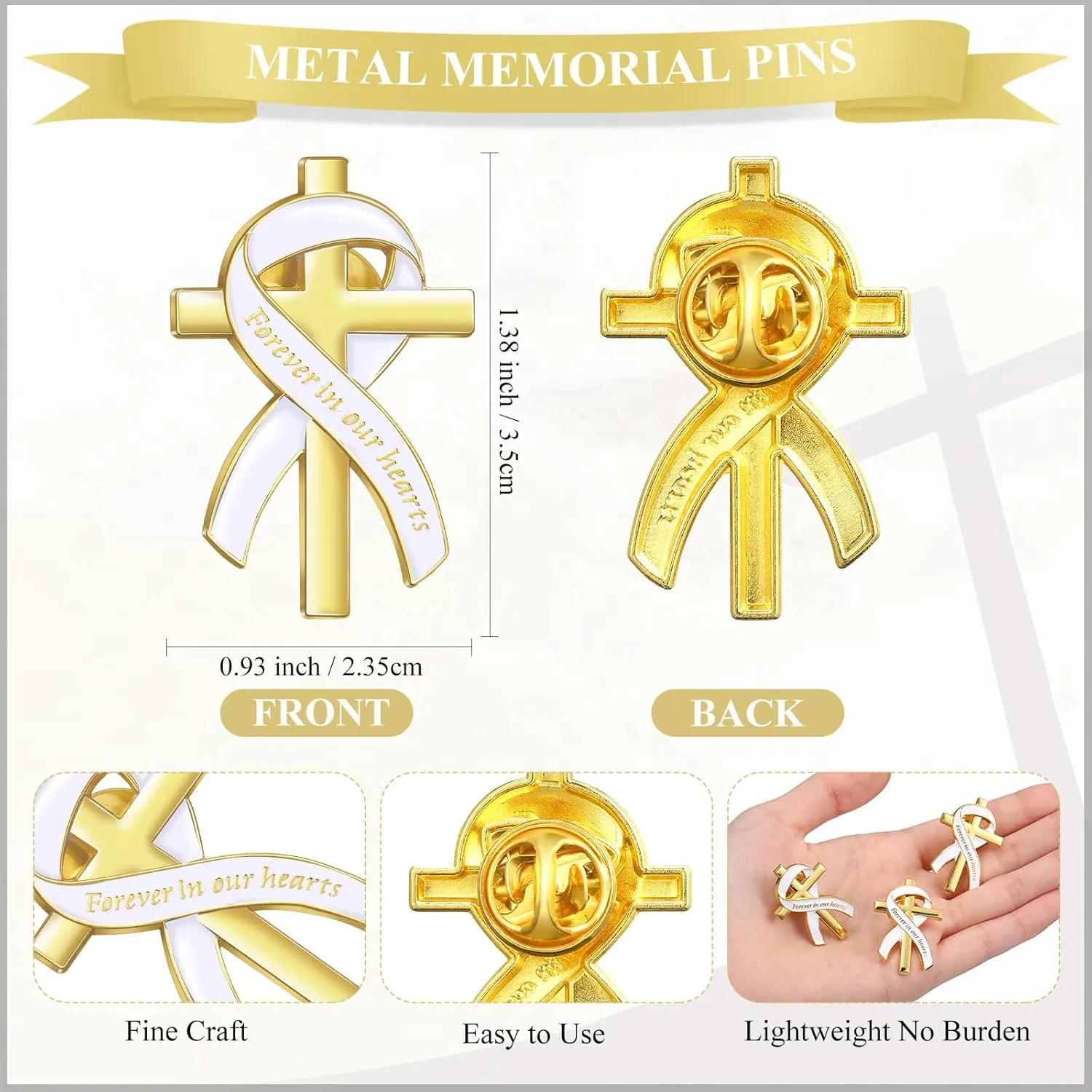Misdary 50 Pcs Funeral Favors for Guests Funeral Memorial Pin Cross Ribbons Forever in Our Hearts Lapel Brooch Pin for Religious Christian Celebration of Life Mourning Remembrance Day Supplies