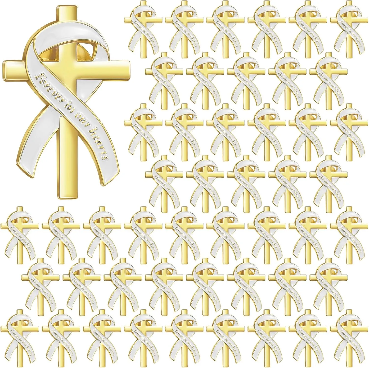 Misdary 50 Pcs Funeral Favors for Guests Funeral Memorial Pin Cross Ribbons Forever in Our Hearts Lapel Brooch Pin for Religious Christian Celebration of Life Mourning Remembrance Day Supplies