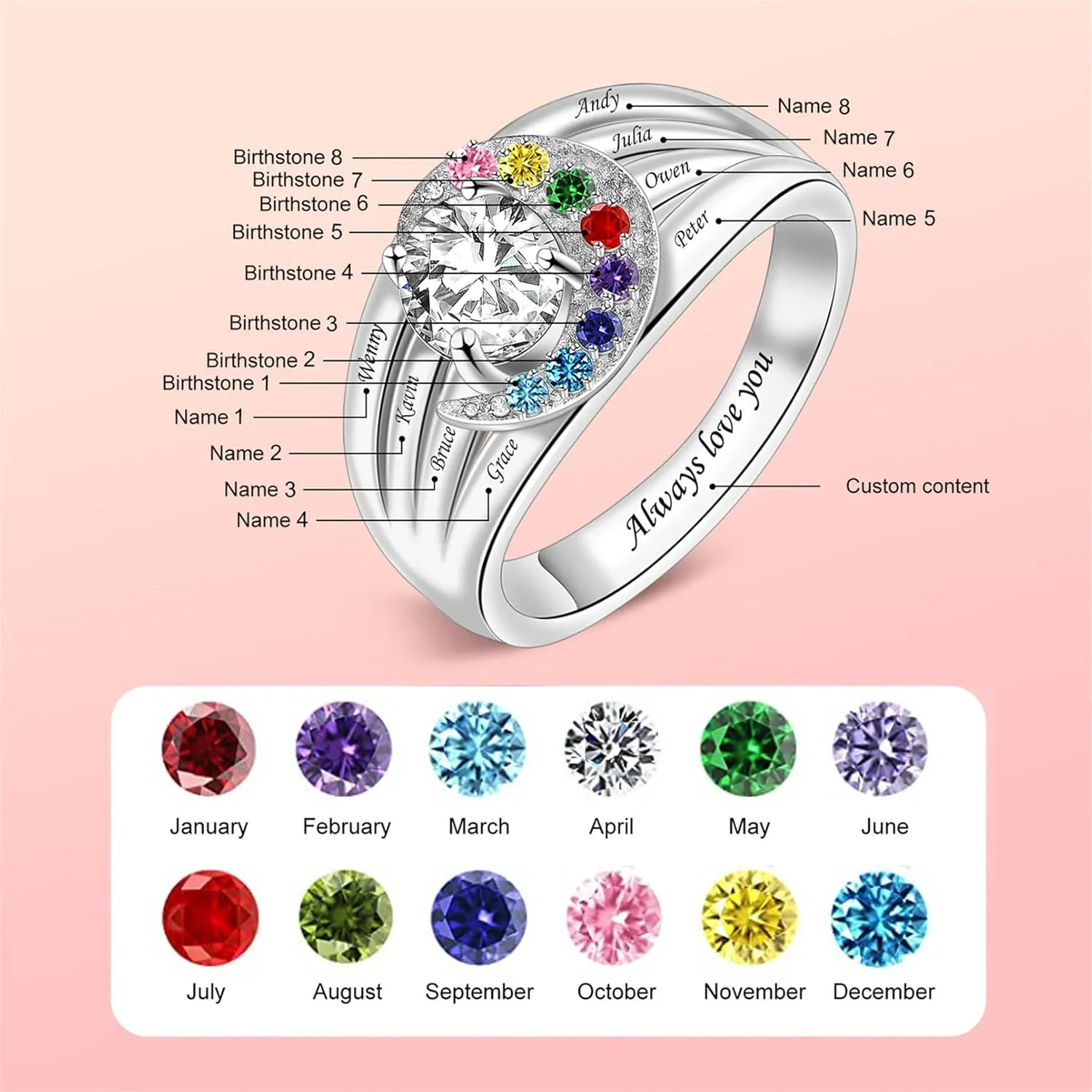 MissNaNa Birthstones Rings Gifts for Mom Custom 1-8 Simulated Birthstones Rings for Women 925 Silver Engraved Rings Promise Rings for Her Grandma Mothers Day Gift