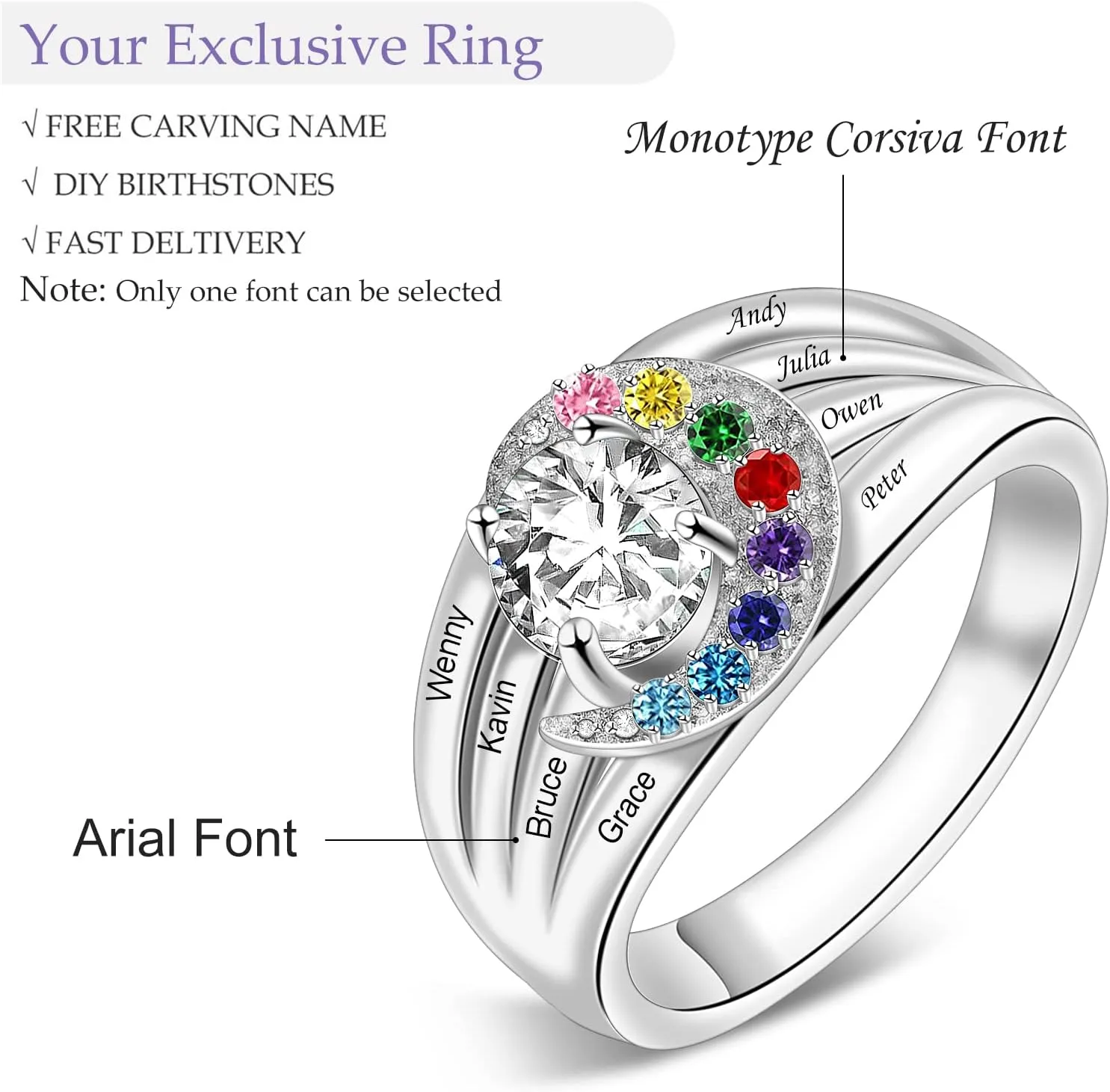 MissNaNa Birthstones Rings Gifts for Mom Custom 1-8 Simulated Birthstones Rings for Women 925 Silver Engraved Rings Promise Rings for Her Grandma Mothers Day Gift