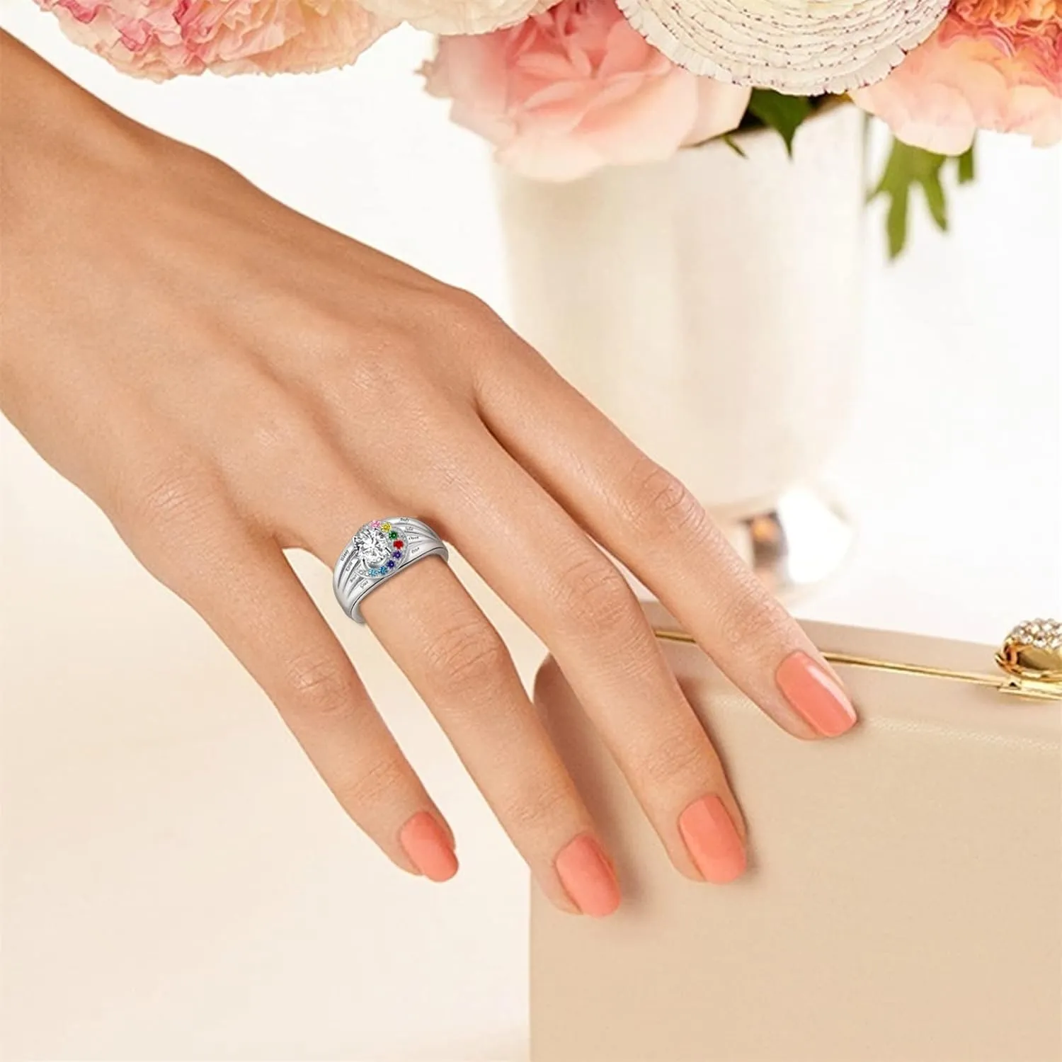 MissNaNa Birthstones Rings Gifts for Mom Custom 1-8 Simulated Birthstones Rings for Women 925 Silver Engraved Rings Promise Rings for Her Grandma Mothers Day Gift