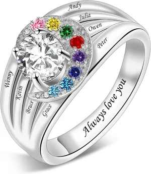 MissNaNa Birthstones Rings Gifts for Mom Custom 1-8 Simulated Birthstones Rings for Women 925 Silver Engraved Rings Promise Rings for Her Grandma Mothers Day Gift