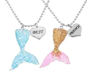 MJartoria BFF Necklaces for 2-Best Friends Nekclaces Cute Blue and Gold Color Mermaid Tail Pendant with Silver Heart Charms Best Friends Engraved Friendship Necklaces Gifts