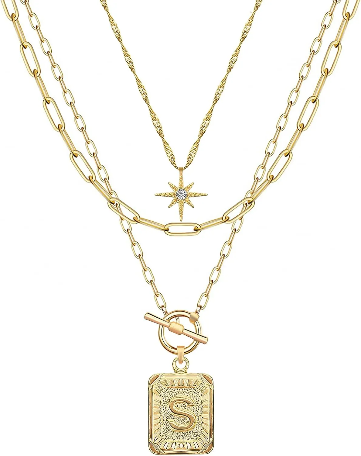 MJartoria Layered Initial Necklaces for Women Trendy, 14K Gold Plated Simple Star Choker Square Letter Pendant Necklace, Paperclip Chain Necklace, Gold Necklaces Jewelry Gifts