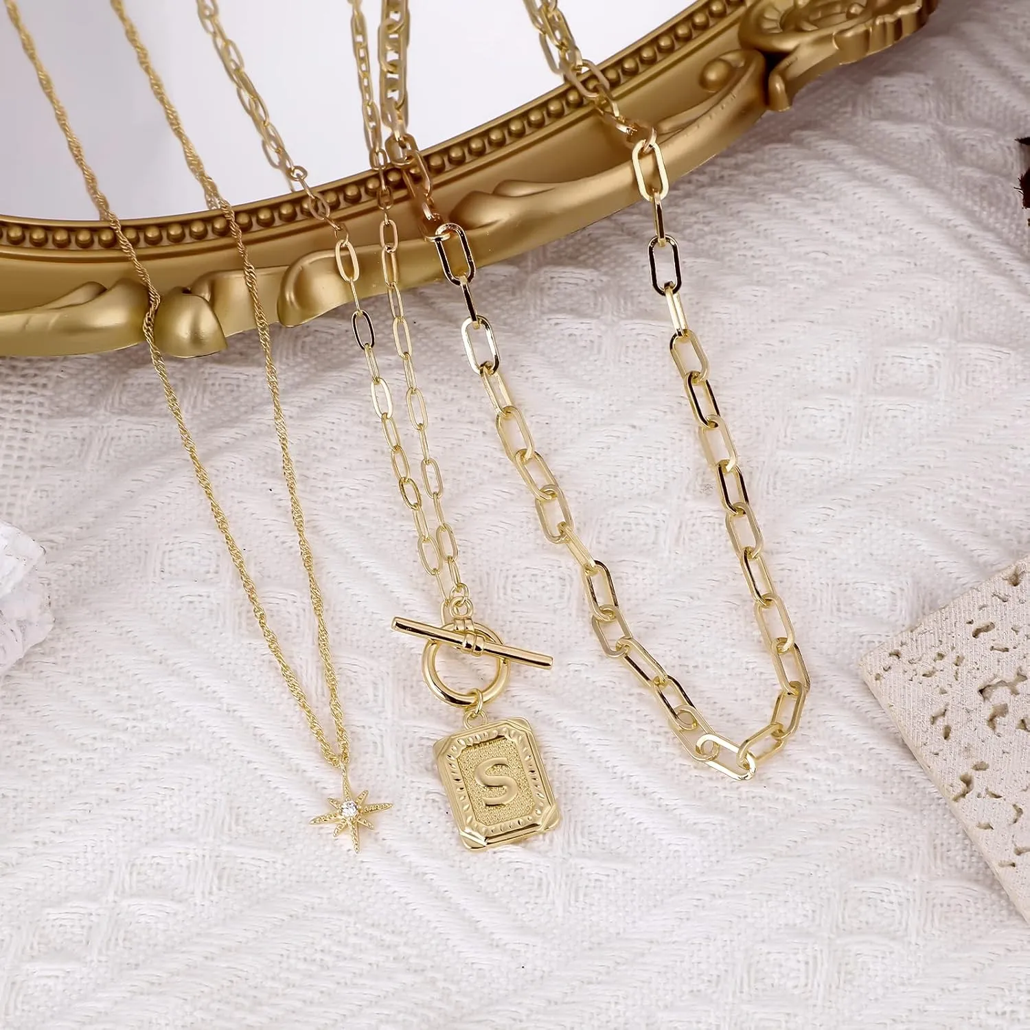 MJartoria Layered Initial Necklaces for Women Trendy, 14K Gold Plated Simple Star Choker Square Letter Pendant Necklace, Paperclip Chain Necklace, Gold Necklaces Jewelry Gifts