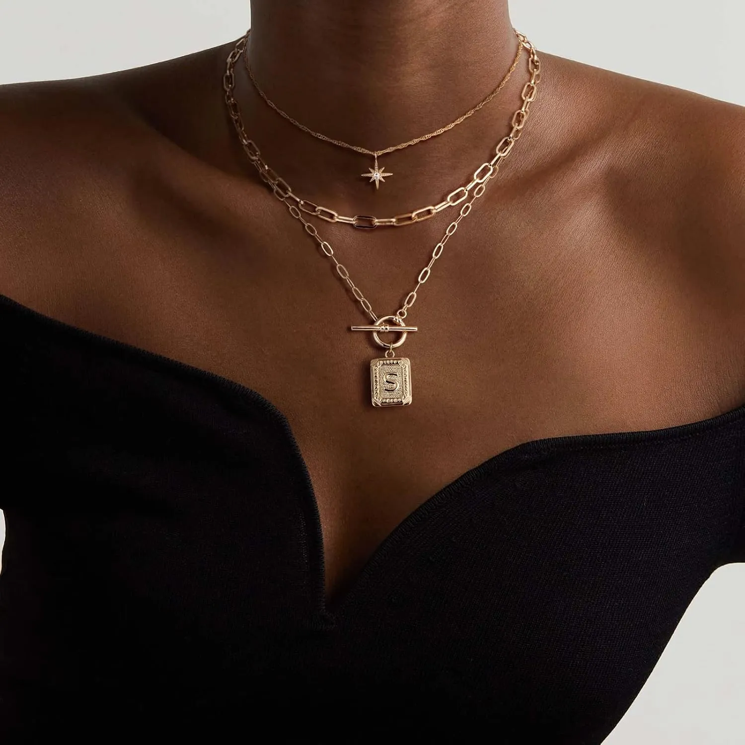 MJartoria Layered Initial Necklaces for Women Trendy, 14K Gold Plated Simple Star Choker Square Letter Pendant Necklace, Paperclip Chain Necklace, Gold Necklaces Jewelry Gifts