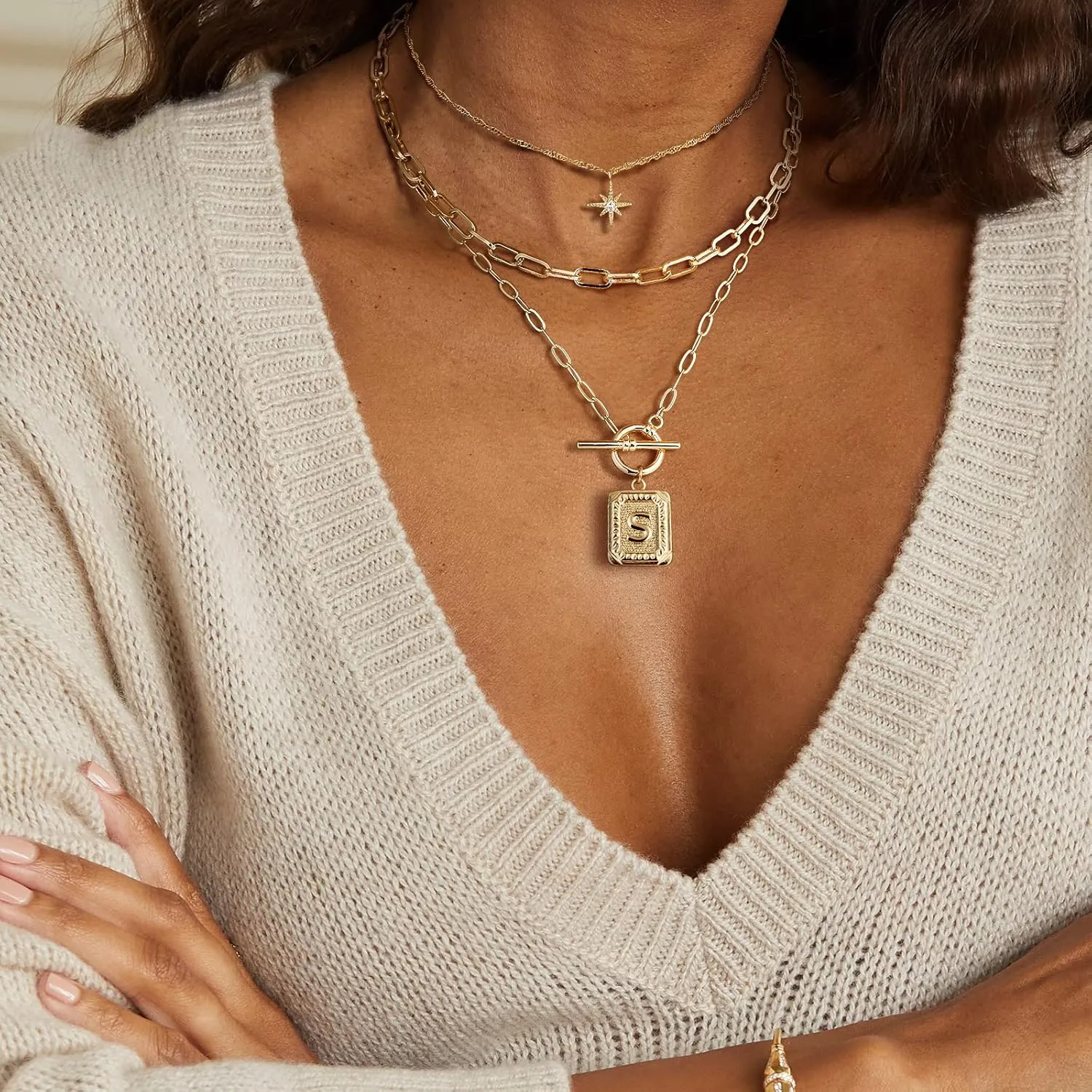 MJartoria Layered Initial Necklaces for Women Trendy, 14K Gold Plated Simple Star Choker Square Letter Pendant Necklace, Paperclip Chain Necklace, Gold Necklaces Jewelry Gifts