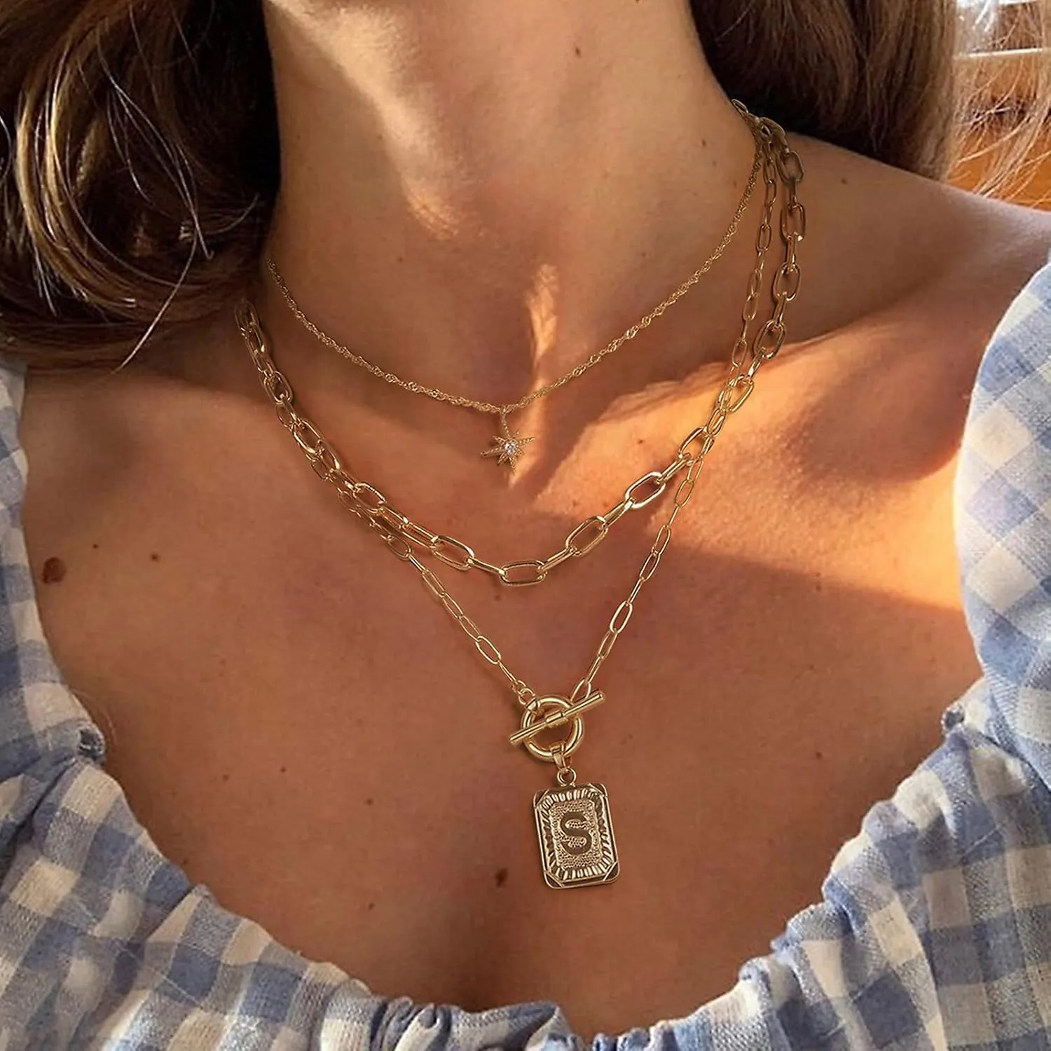 MJartoria Layered Initial Necklaces for Women Trendy, 14K Gold Plated Simple Star Choker Square Letter Pendant Necklace, Paperclip Chain Necklace, Gold Necklaces Jewelry Gifts