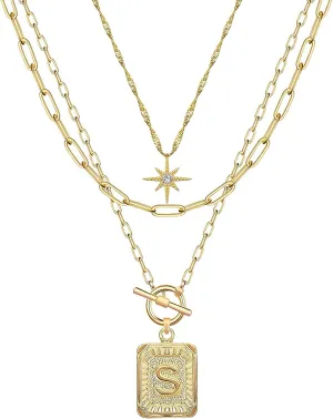 MJartoria Layered Initial Necklaces for Women Trendy, 14K Gold Plated Simple Star Choker Square Letter Pendant Necklace, Paperclip Chain Necklace, Gold Necklaces Jewelry Gifts