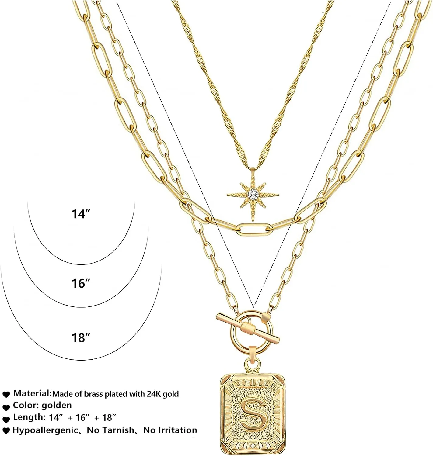 MJartoria Layered Initial Necklaces for Women Trendy, 14K Gold Plated Simple Star Choker Square Letter Pendant Necklace, Paperclip Chain Necklace, Gold Necklaces Jewelry Gifts