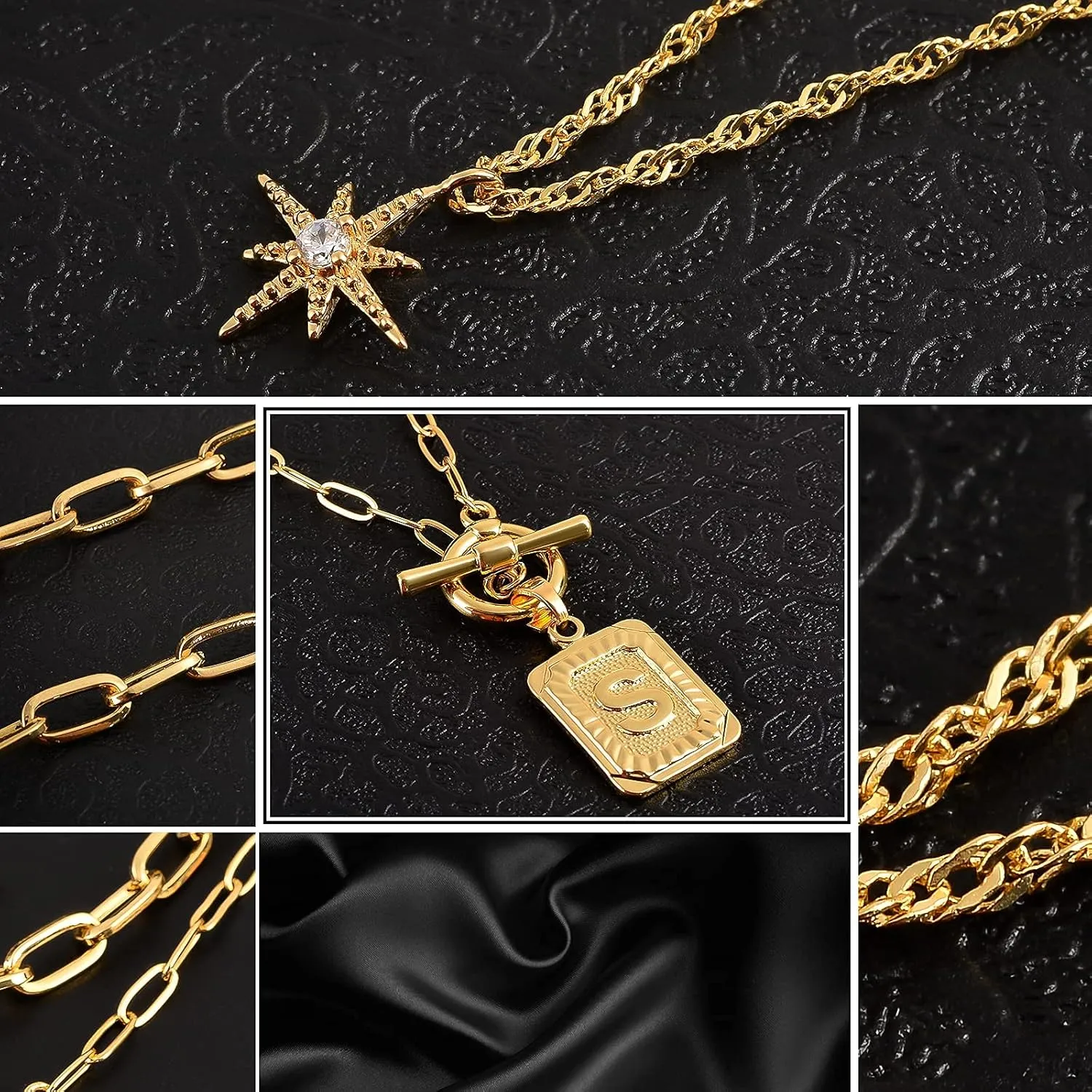 MJartoria Layered Initial Necklaces for Women Trendy, 14K Gold Plated Simple Star Choker Square Letter Pendant Necklace, Paperclip Chain Necklace, Gold Necklaces Jewelry Gifts