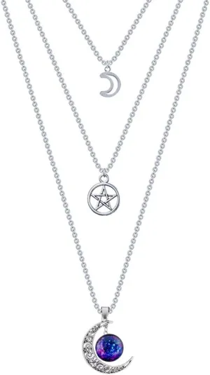 MJartoria Moon Pentagram Necklace Crystal Chakra Pendant Layered Necklaces for Women Choker Necklace Gothic Jewelry Y2K Goth Accessories