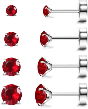 MJust Hypoallergenic Flat Back Earrings for Women & Men, 4 Pairs Implant Grade Titanium Stud Earrings with Flat Backs for Cartilage, Screw Back Pure Titanium Earrings Set for Sensitive Ears with CZ