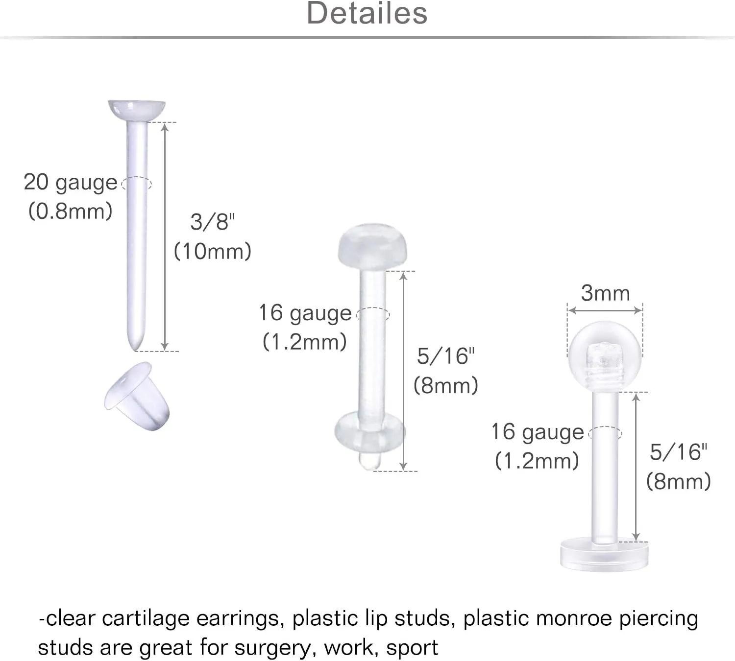 MODRSA Clear Earrings Plastic Earrings for Sports 16g Clear Cartilage Earrings Stud Plastic Helix Tragus Earring Medusa Monroe Piercing Retainer Clear Lip Rings Labret Retainers for Work Surgery