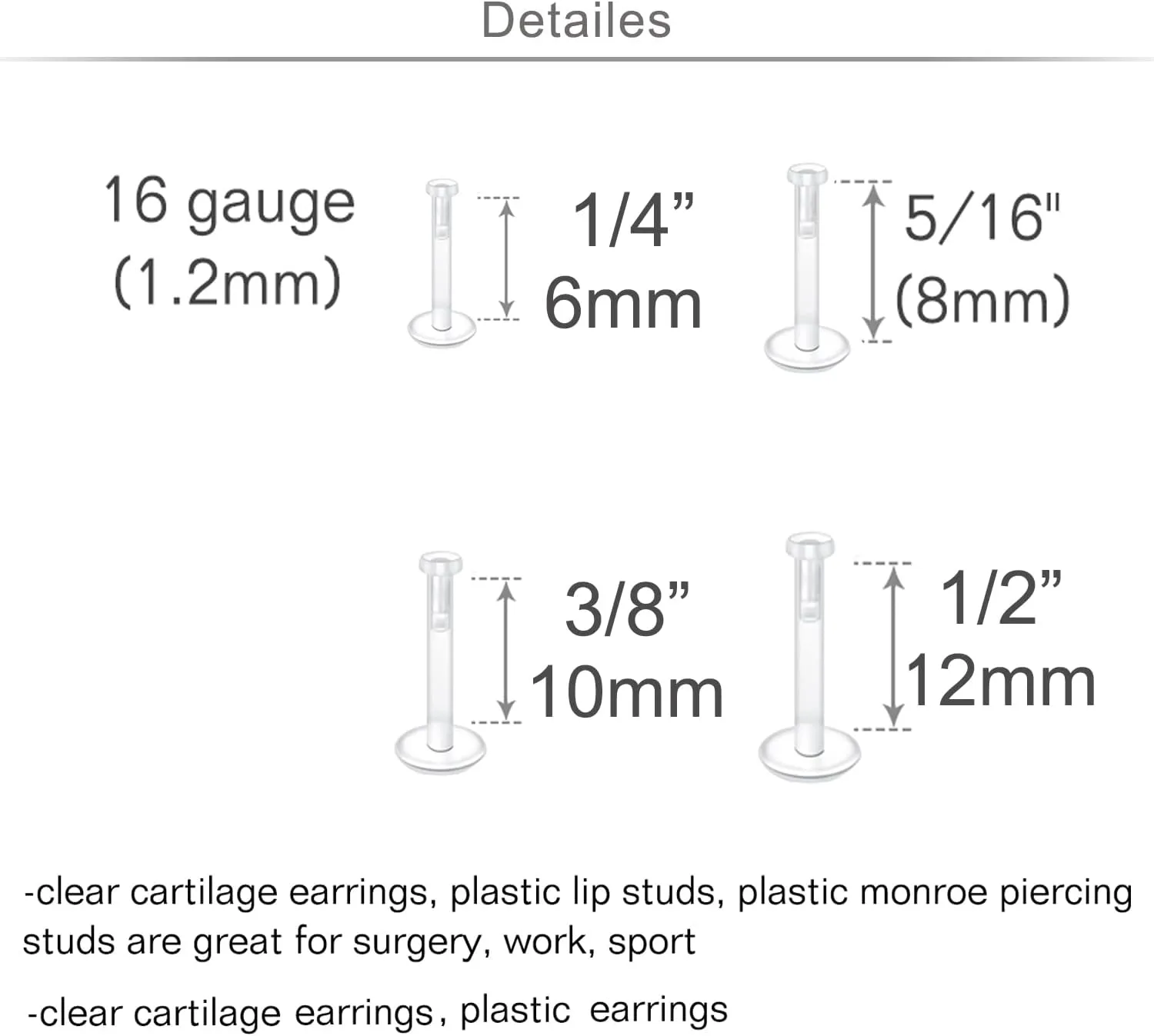 MODRSA Clear Earrings Plastic Earrings for Sports 16g Clear Cartilage Earrings Stud Plastic Helix Tragus Earring Medusa Monroe Piercing Retainer Clear Lip Rings Labret Retainers for Work Surgery