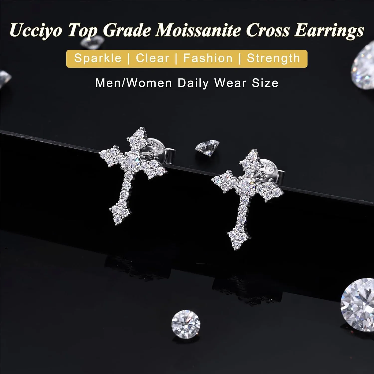 Moissanite Cross Earrings for Men Women, Sterling Silver Cross Stud Eearrings D Color VVSI Moissanite Stud Earrings Crucifix Jewelry Gift