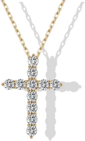 Moissanite Cross Necklace for Women, Gold or Silver Cross Necklaces for Mom, Sterling silver Diamond Cross Necklaces for Men, Cross Faith Pendant Necklace for Father's Day (Gold)