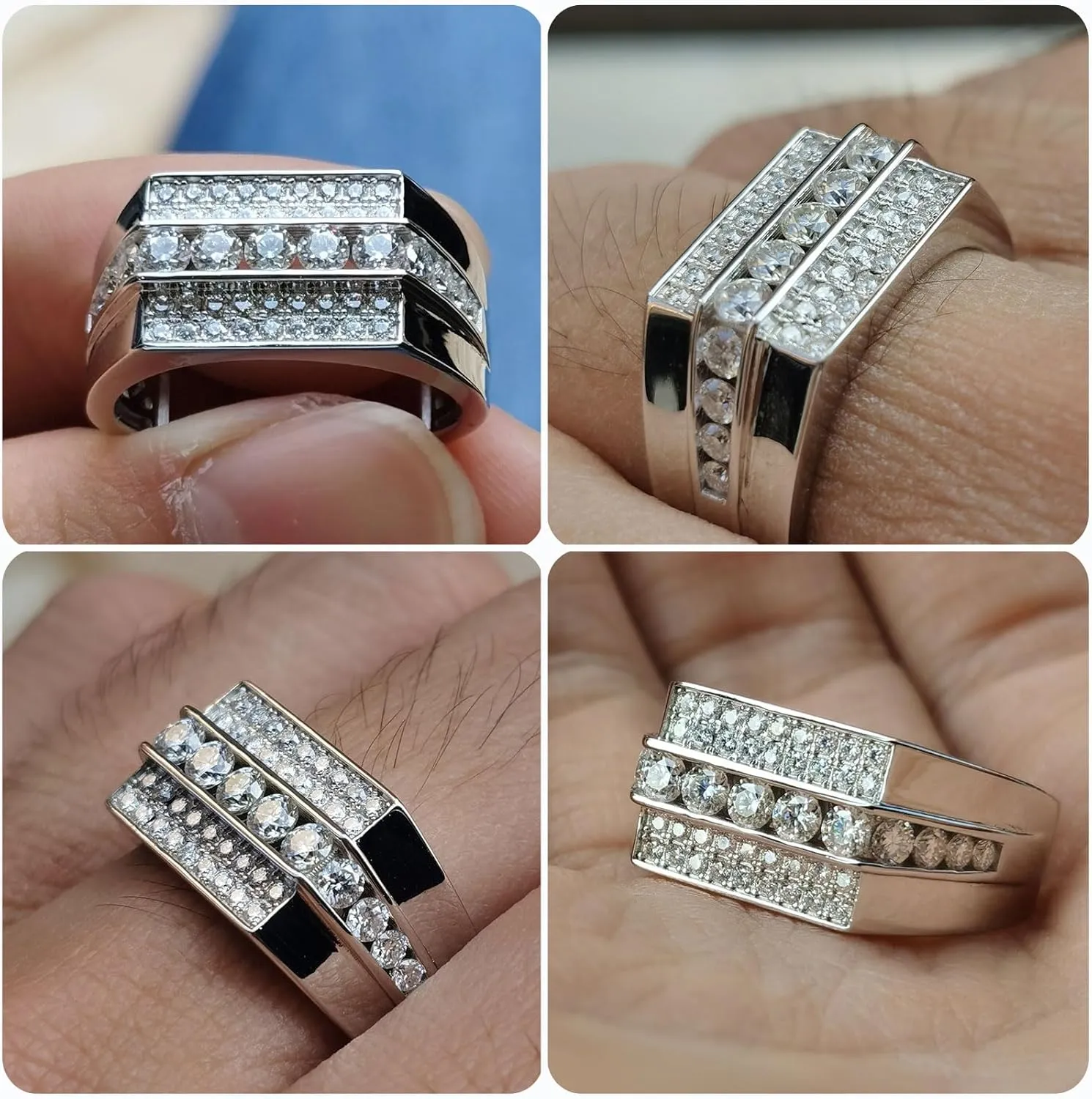 Moissanite Mens Wedding Band D Color VVS1 925 Sterling Silver Engagement Rings Pave Round Eternity Promise Ring Size 7-13
