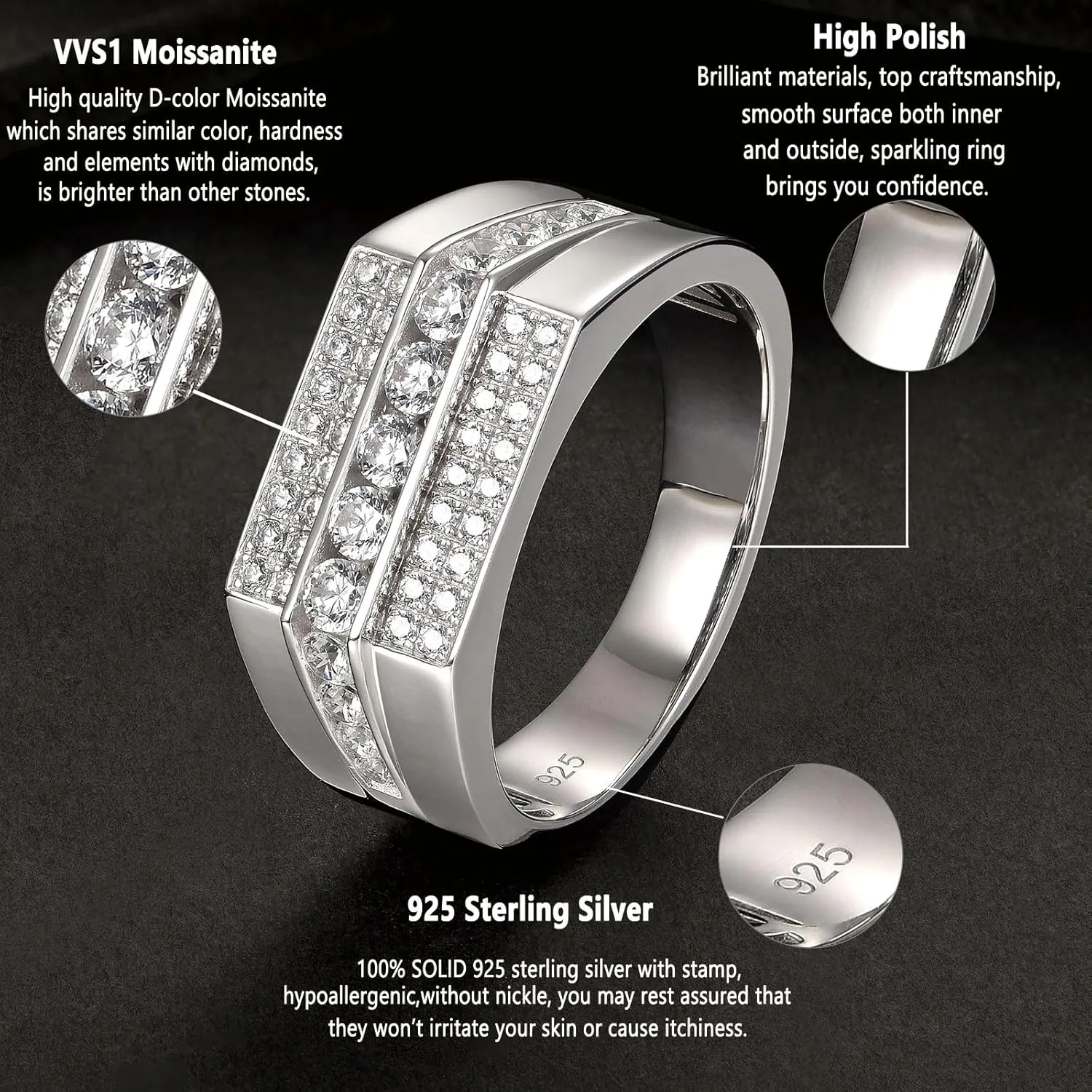 Moissanite Mens Wedding Band D Color VVS1 925 Sterling Silver Engagement Rings Pave Round Eternity Promise Ring Size 7-13