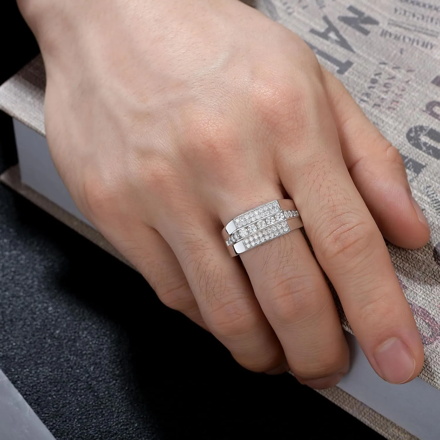 Moissanite Mens Wedding Band D Color VVS1 925 Sterling Silver Engagement Rings Pave Round Eternity Promise Ring Size 7-13