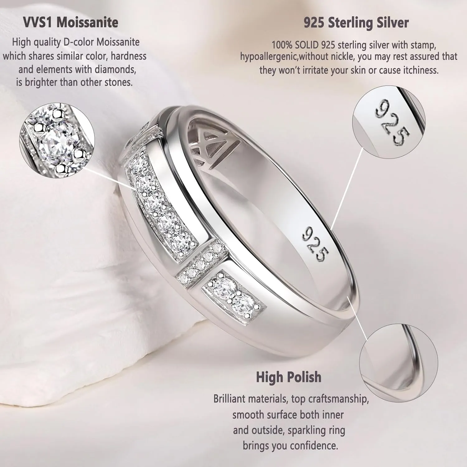 Moissanite Mens Wedding Band D Color VVS1 925 Sterling Silver Ring Promise Rings For Him Round Cut Engagement Eternity Size 7-13