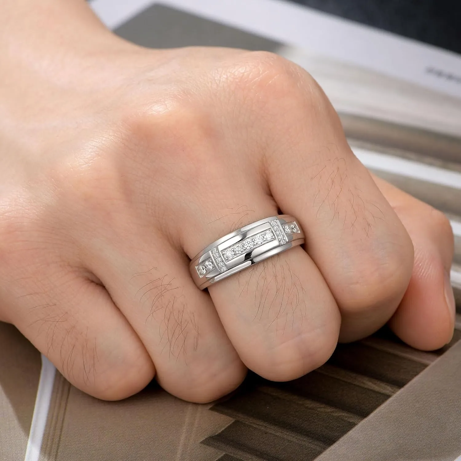 Moissanite Mens Wedding Band D Color VVS1 925 Sterling Silver Ring Promise Rings For Him Round Cut Engagement Eternity Size 7-13